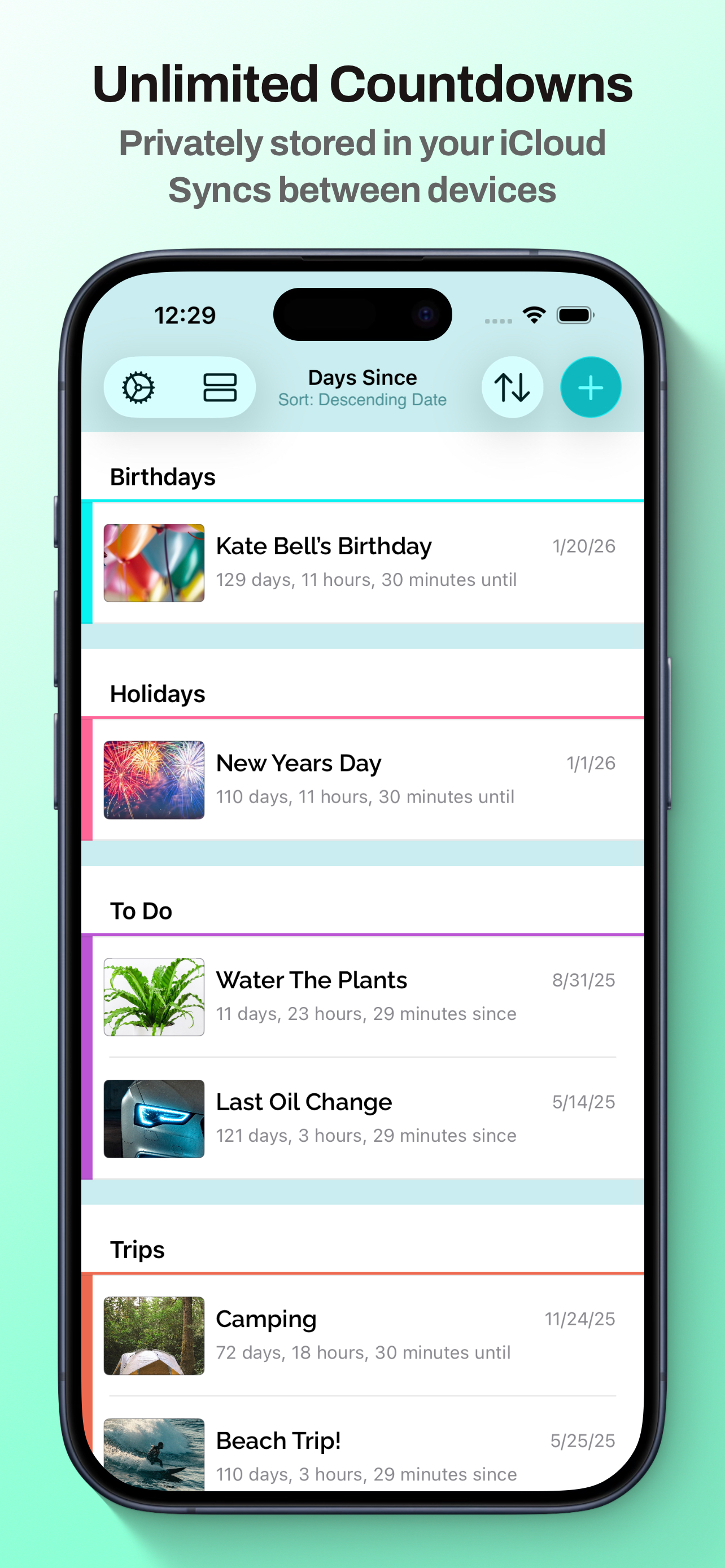 Unlimited countdowns organized into categories in Days Since