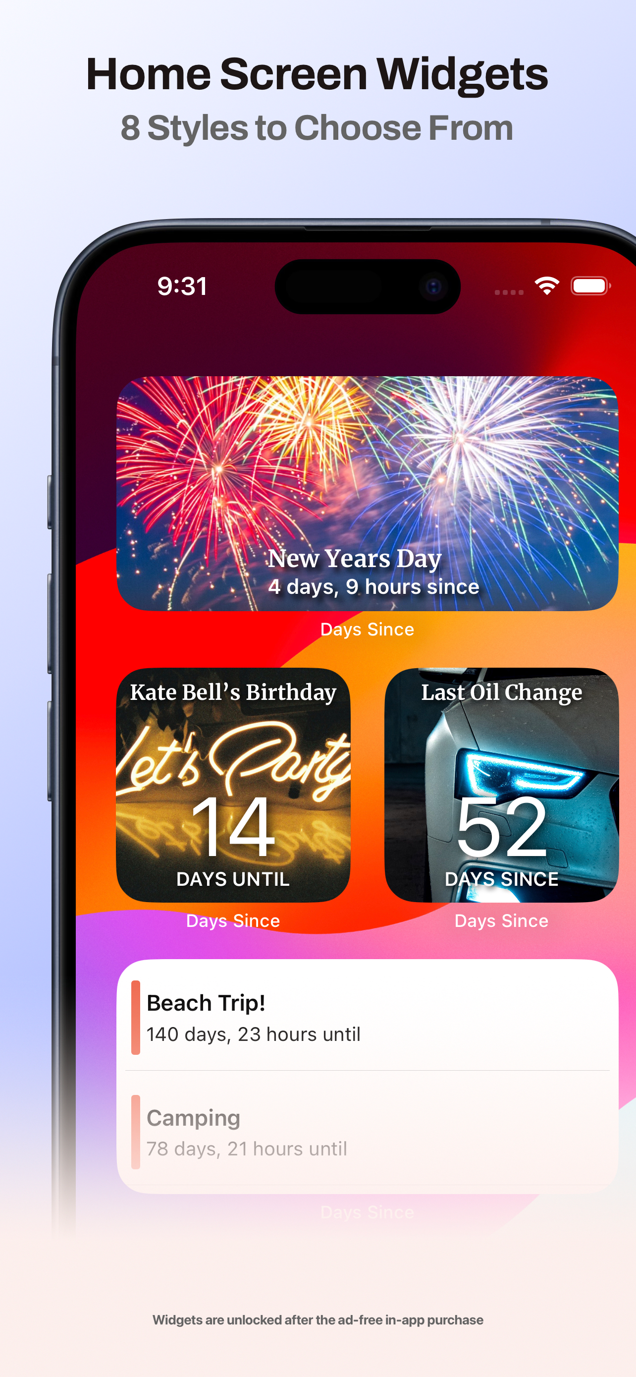 Days Since countdown widgets in several Home Screen styles