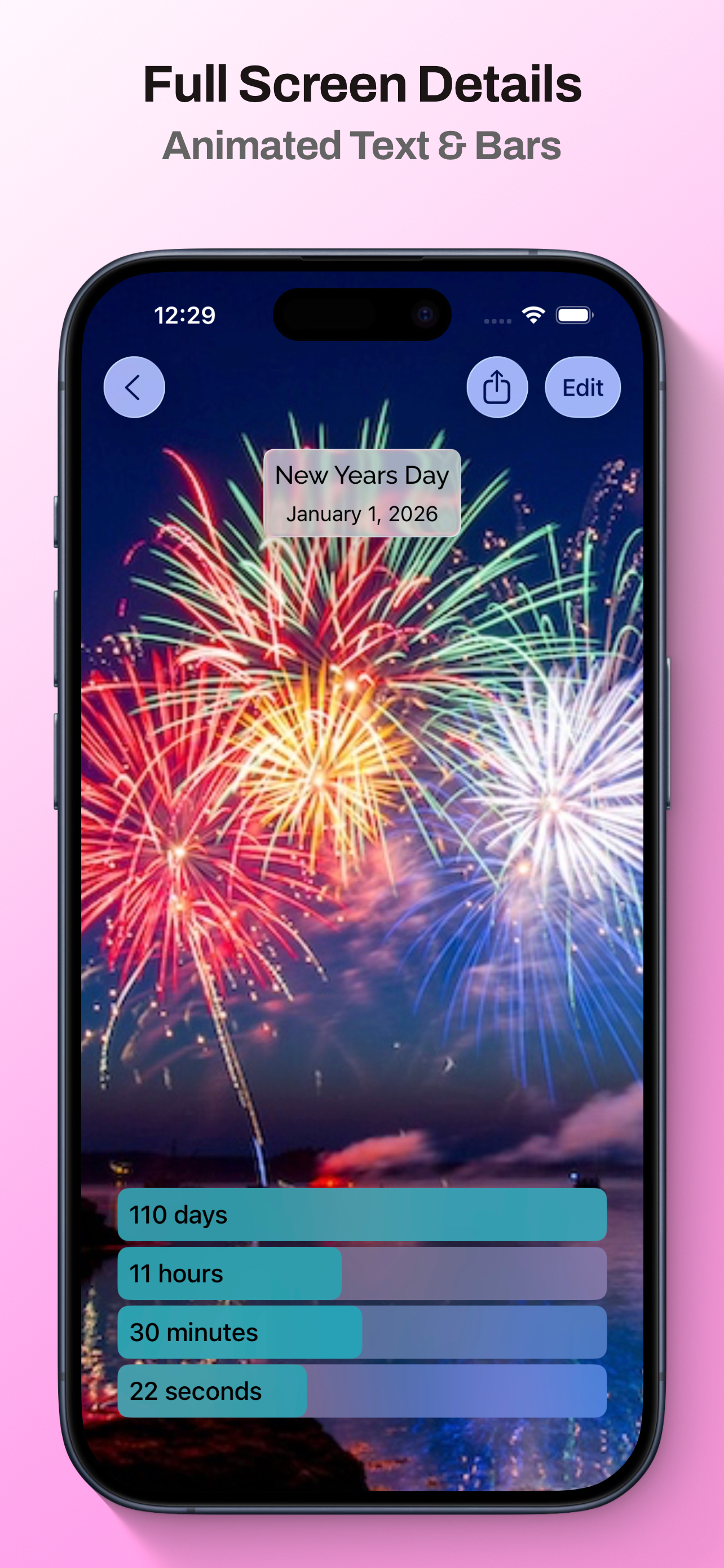 Full-screen countdown details with animated text and progress bars