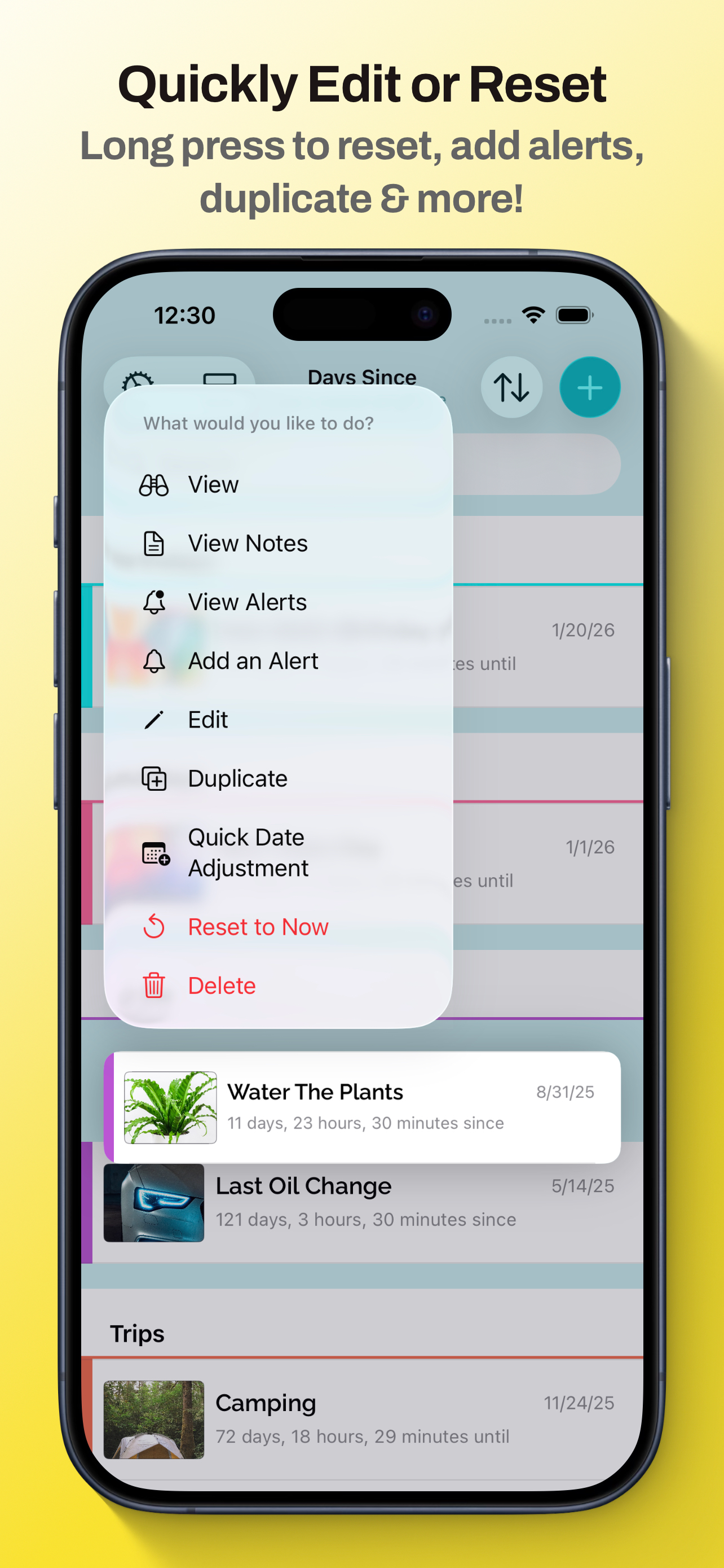 Quick actions for editing, duplicating, resetting, and deleting a countdown