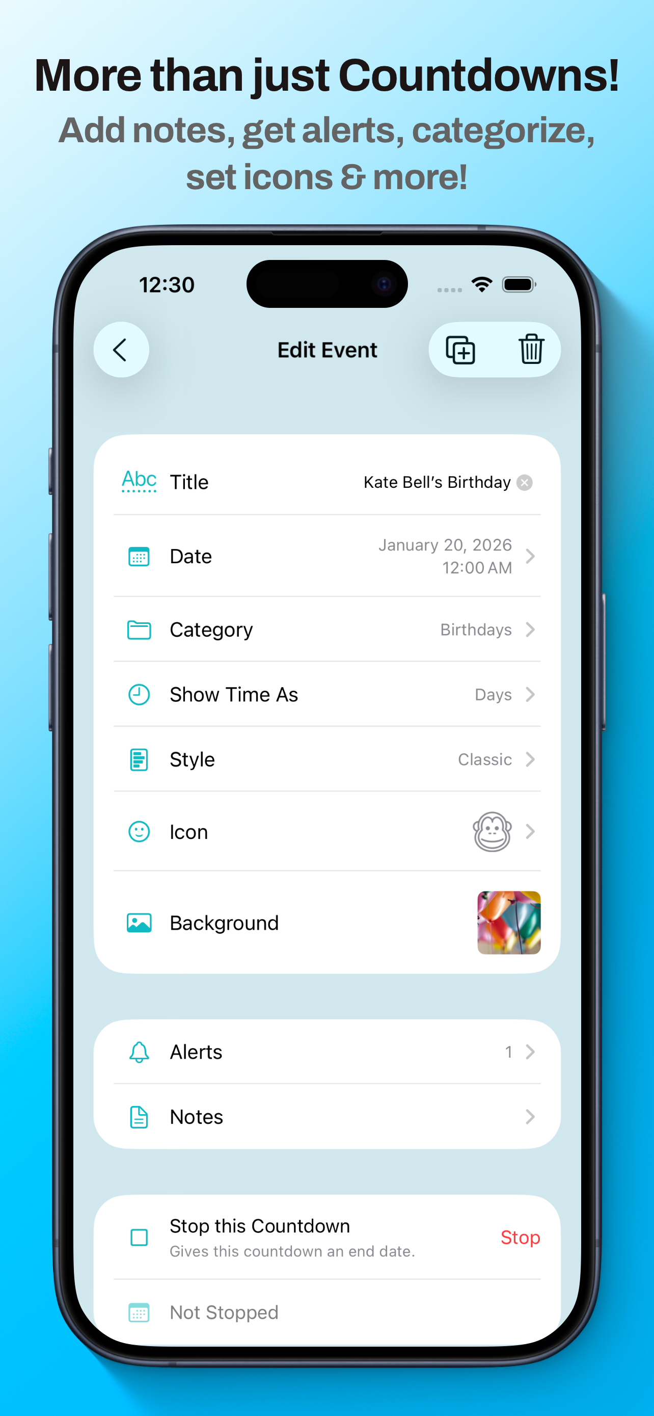 Countdown editor with options for categories, styles, icons, alerts, and notes