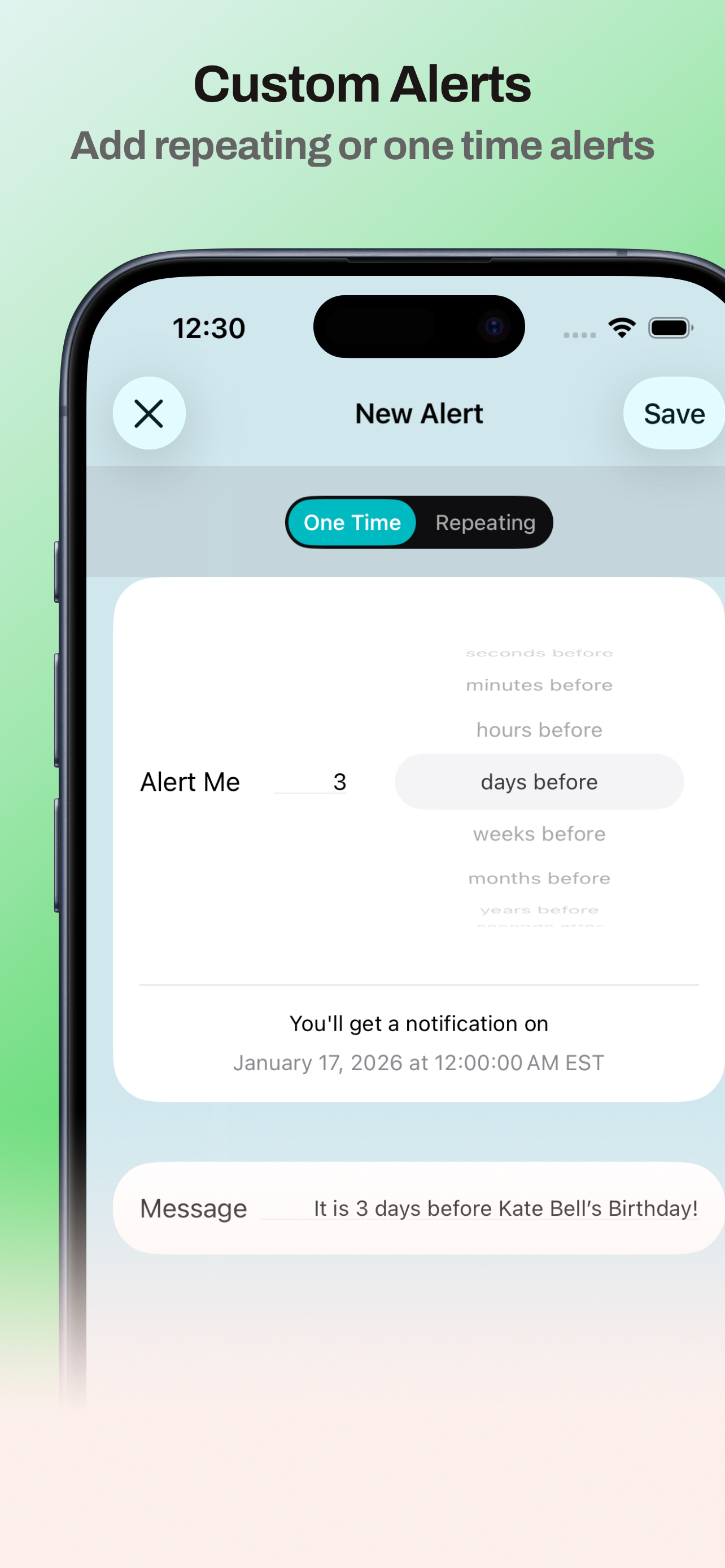 Custom one-time and repeating alert editor in Days Since