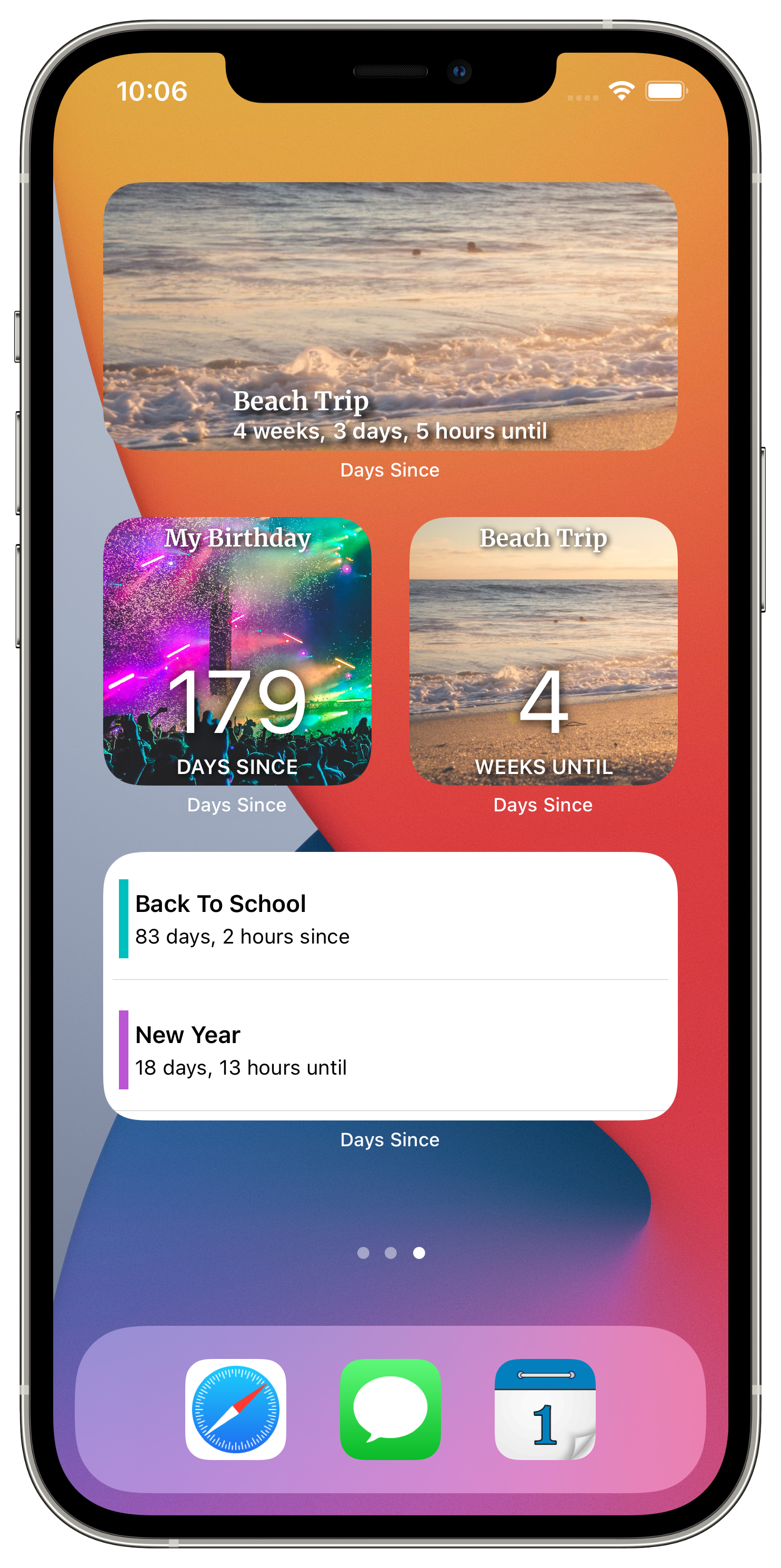 Days Since countdown widgets in several sizes on an iPhone Home Screen